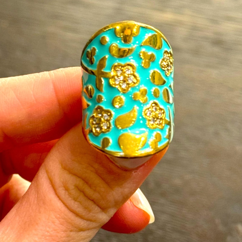 Lauren G Adams gold and teal jeweled floral statement ring!